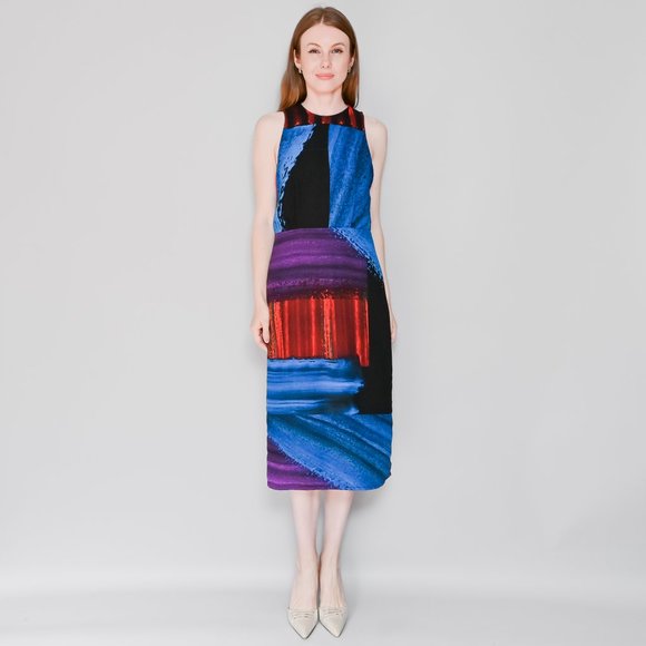 RACHEL COMEY Blue & Red Printed Midi Dress Sz 6 - Picture 1 of 7